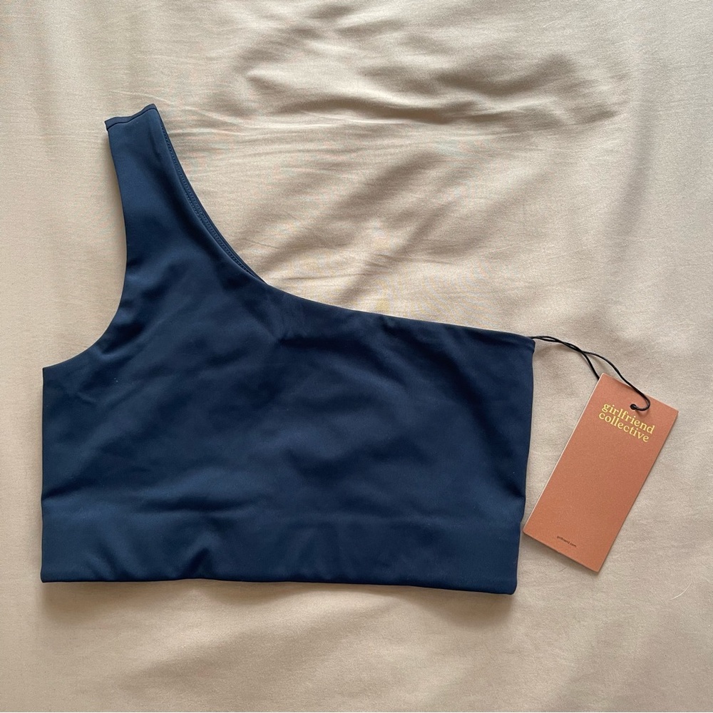 girlfriend collective navy one shoulder bra